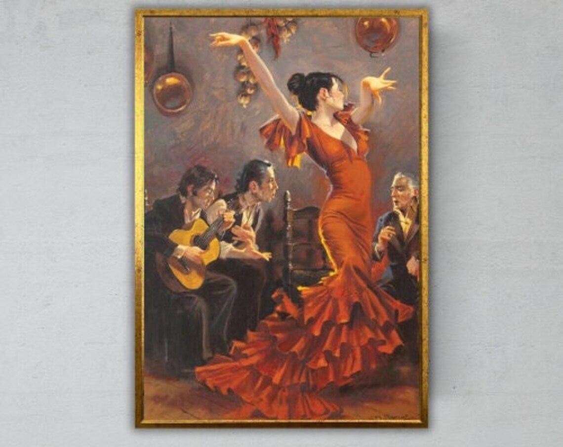 Flamenco Dancer Red Dress Guitarists Spanish Passion Art Print