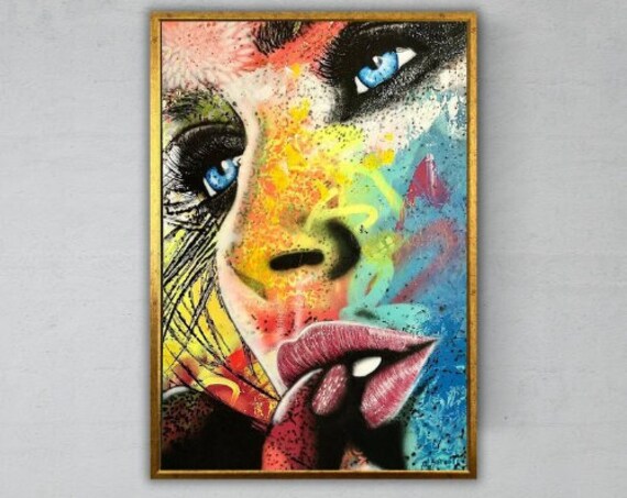 Pop Art Woman Face Close Up With Finger To Lips Graffiti Style Art Print