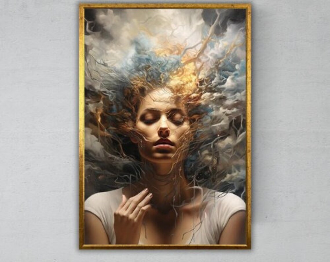 Surreal Woman Portrait Storm Cloud Hair Dreamlike Ethereal Art Print