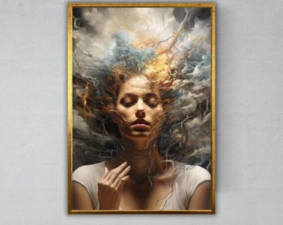 Surreal Woman Portrait Storm Cloud Hair Dreamlike Ethereal Art Print