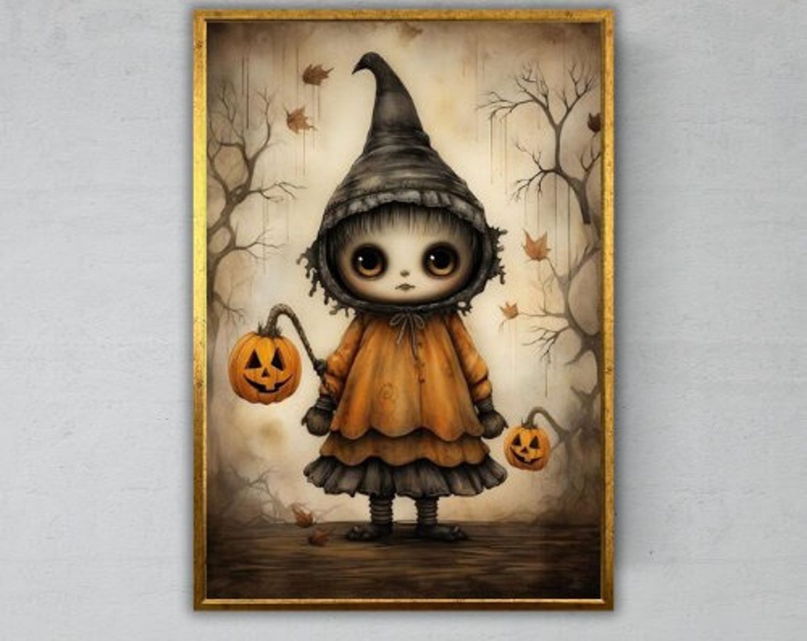 Cute Gothic Witch Child With Pumpkins Big Eyes Halloween Art Print