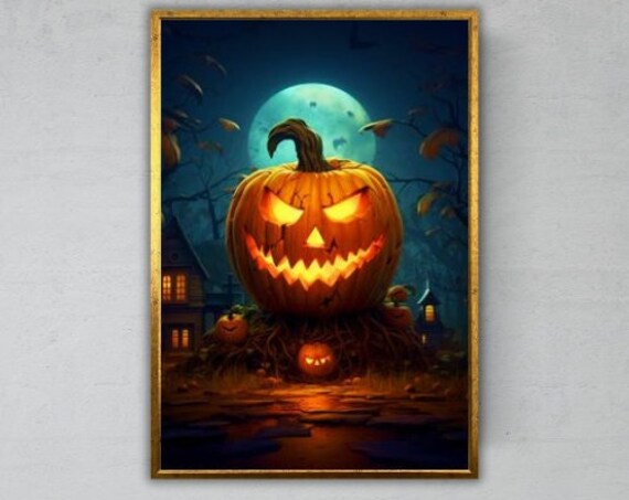 Glowing Jack O Lantern Spooky Night Moon Haunted House Halloween Art Print