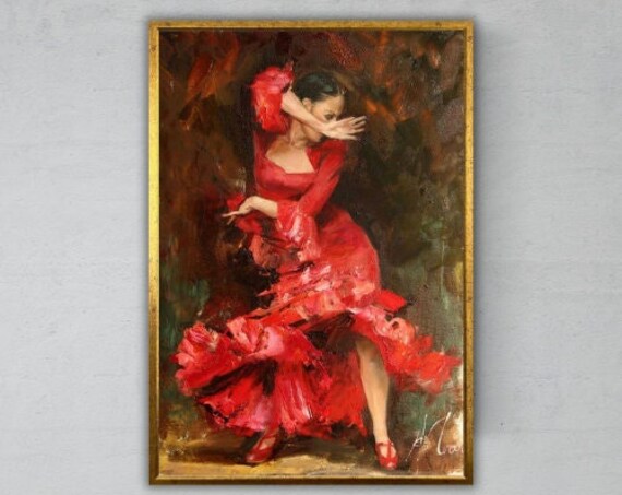 Spanish Flamenco Dancer Red Dress Passionate Oil Painting Dance Art Poster