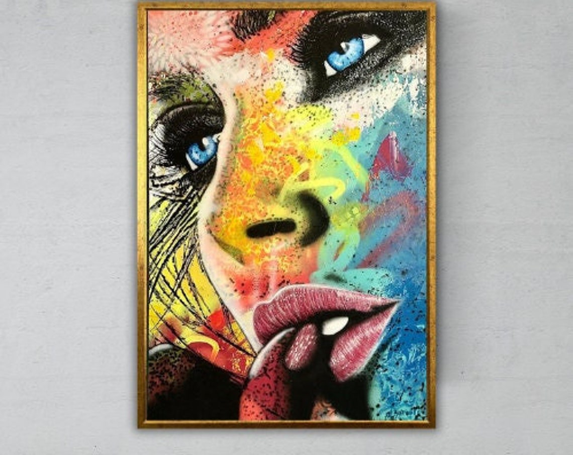 Abstract Pop Art Face Blue Eyes Graffiti Style Colorful Wall Art Print