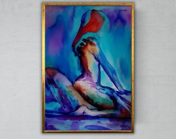 Abstract Watercolor Seated Woman Silhouette Blue Purple Feminine Art Poster