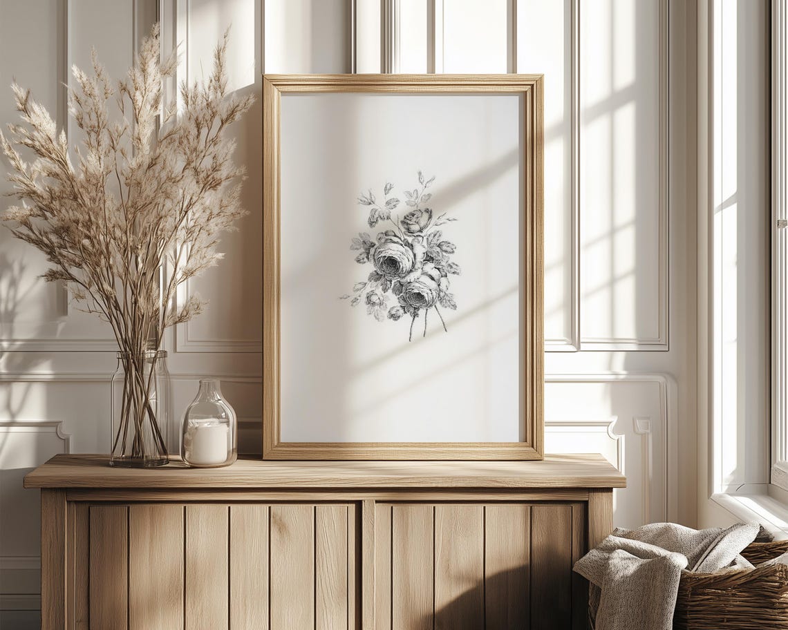 Black and White Rose Bouquet Ink Sketch Minimalist Art Poster - Image 4