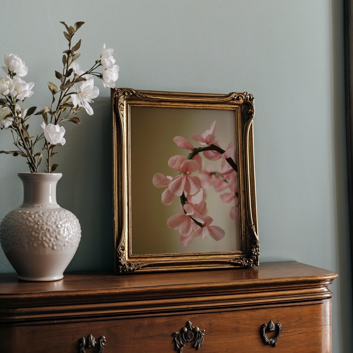 Pink Cherry Blossom Branch Moody Floral Photography Wall Print - Image 2