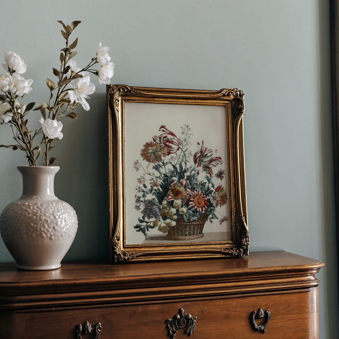 Hand Colored Art Flower Basket Broken Tulips Carnations Poster - Image 2