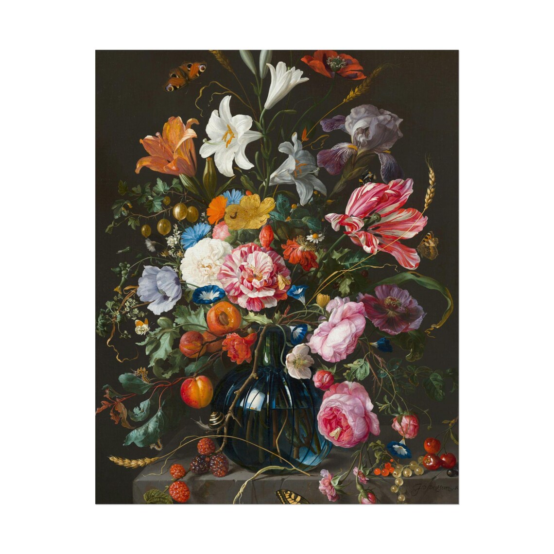 Jan van Huysum Style Bouquet in Blue Glass Vase Floral Art Poster - Image 2