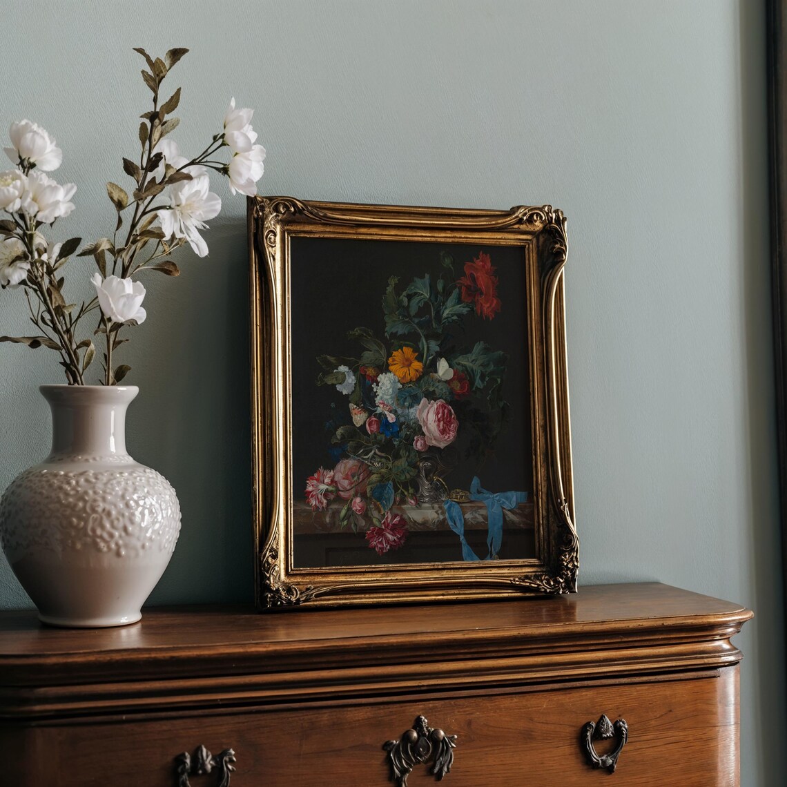 Moody Mixed Bouquet with Blue Ribbon in Dark Classic Still Life Poster - Image 2