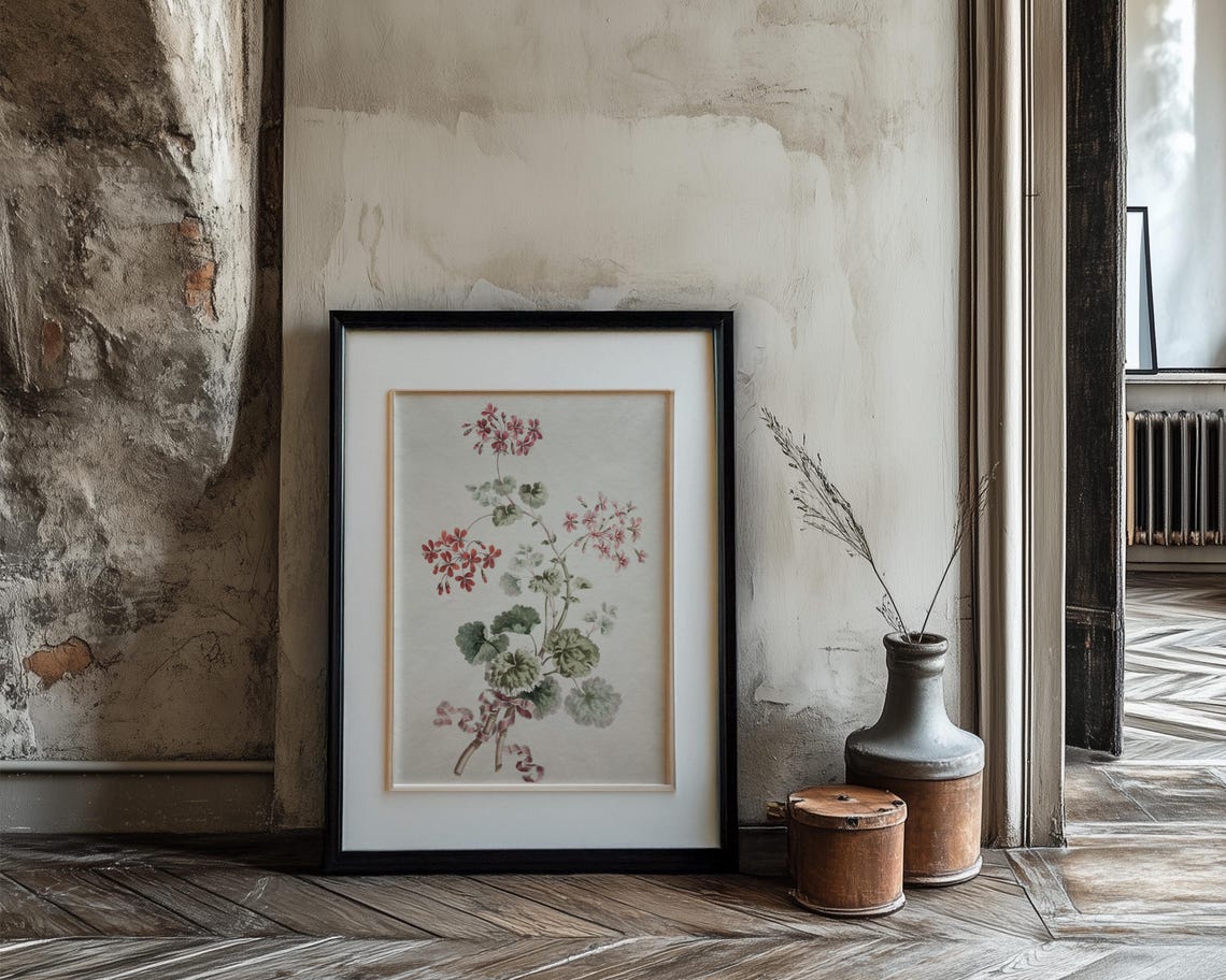 Pink And Red Geranium Stems Tied With Ribbon Botanical Print - Image 3