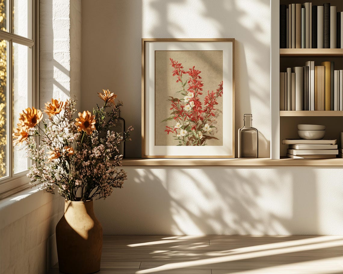 Crimson Monarda Wildflower Cluster in Vintage Botanical Art Poster - Image 6