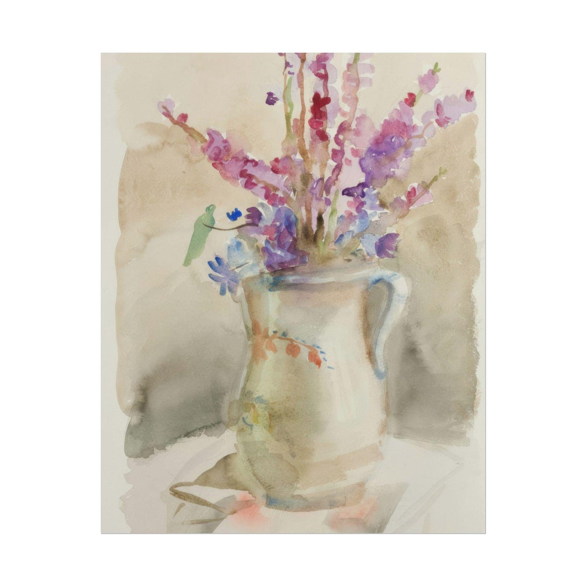 Pink Sweet Peas in Ceramic Pitcher Soft Watercolor Floral Poster - Image 6
