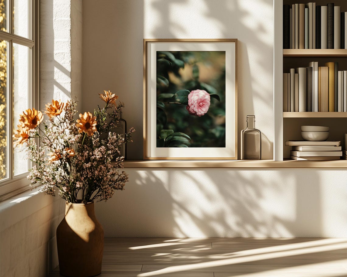 Pink Camellia Bloom On Dark Green Foliage Moody Photograph Print - Image 6