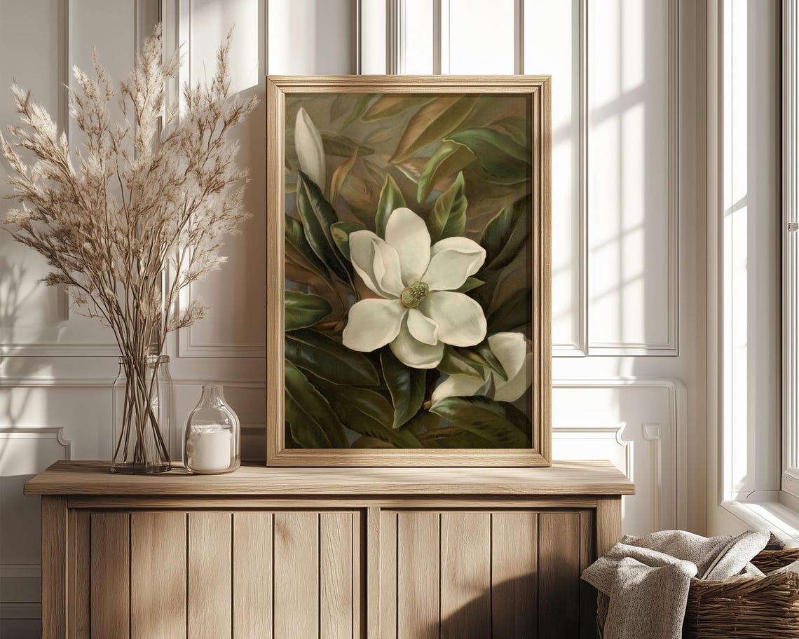 White Magnolia Bloom Glossy Green Leaves Painterly Vintage Poster - Image 4