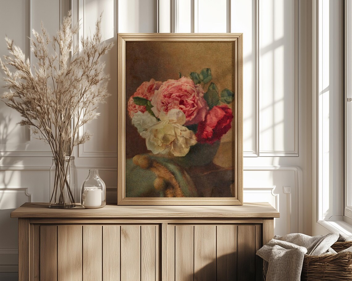 Vintage Rose Bouquet Painting Pink Red White Roses Vase Poster - Image 4