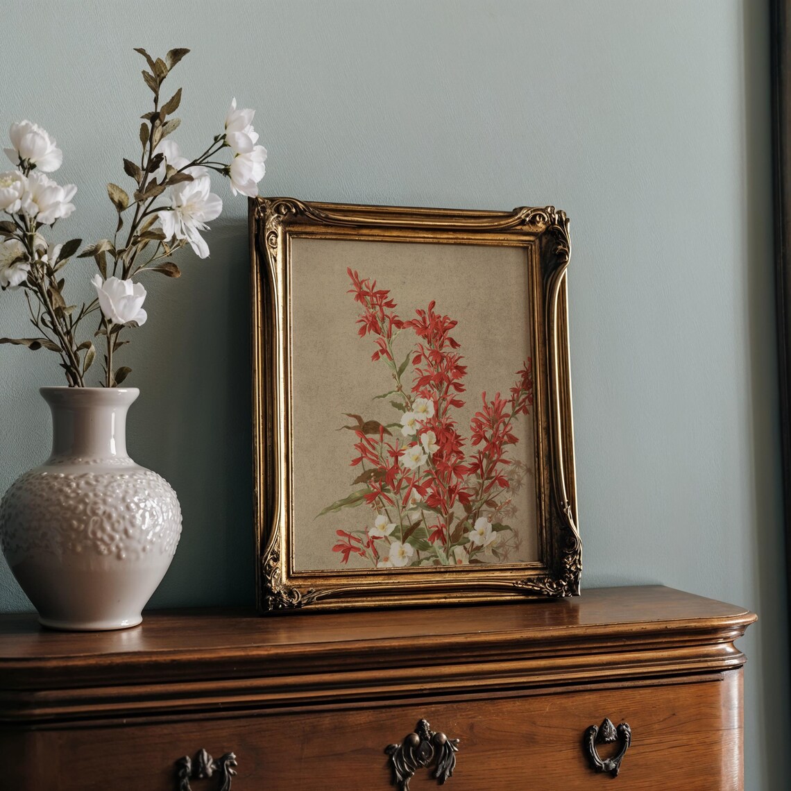 Crimson Monarda Wildflower Cluster in Vintage Botanical Art Poster - Image 2