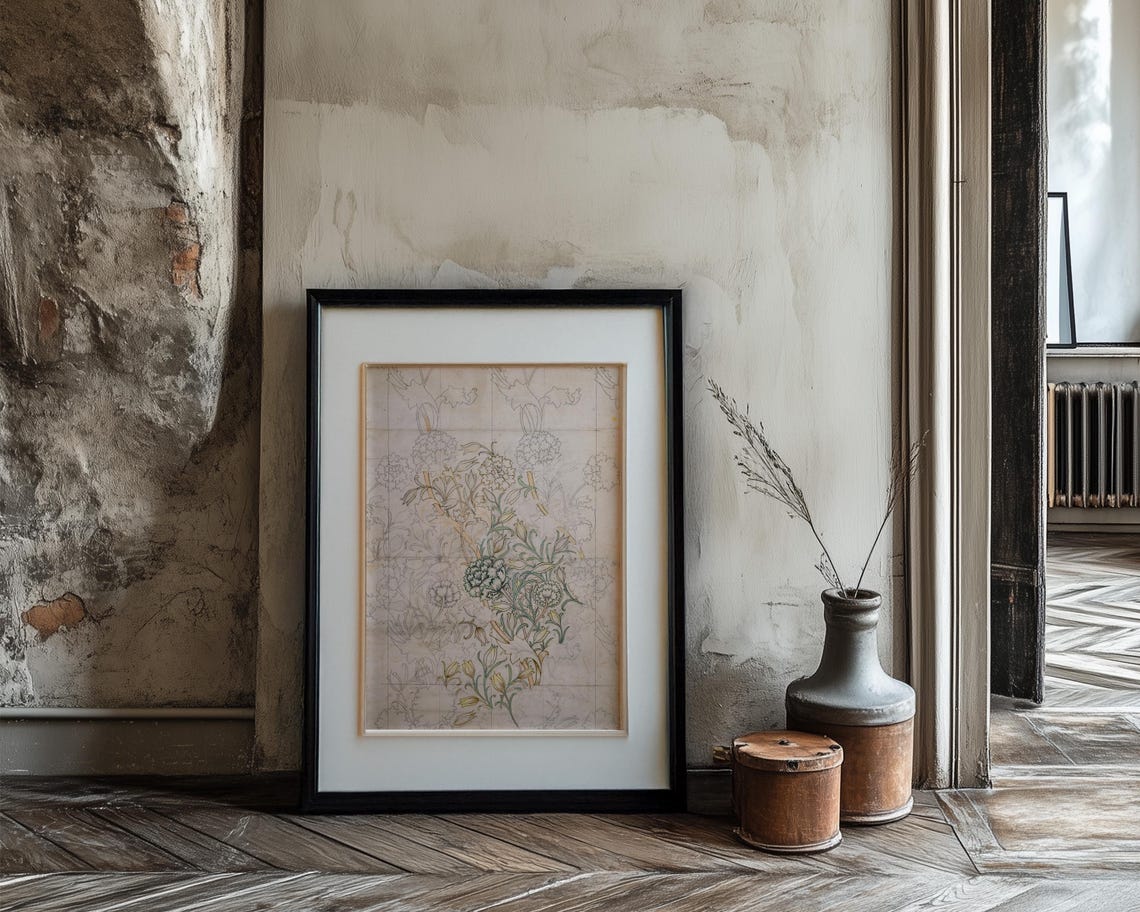 Botanical Line Drawing Study Faint Color Morris Style Art Poster - Image 3