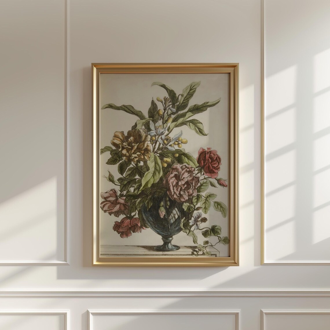 Classical Hand Colored Floral Engraving Roses Urn Vase Antique Poster - Image 5