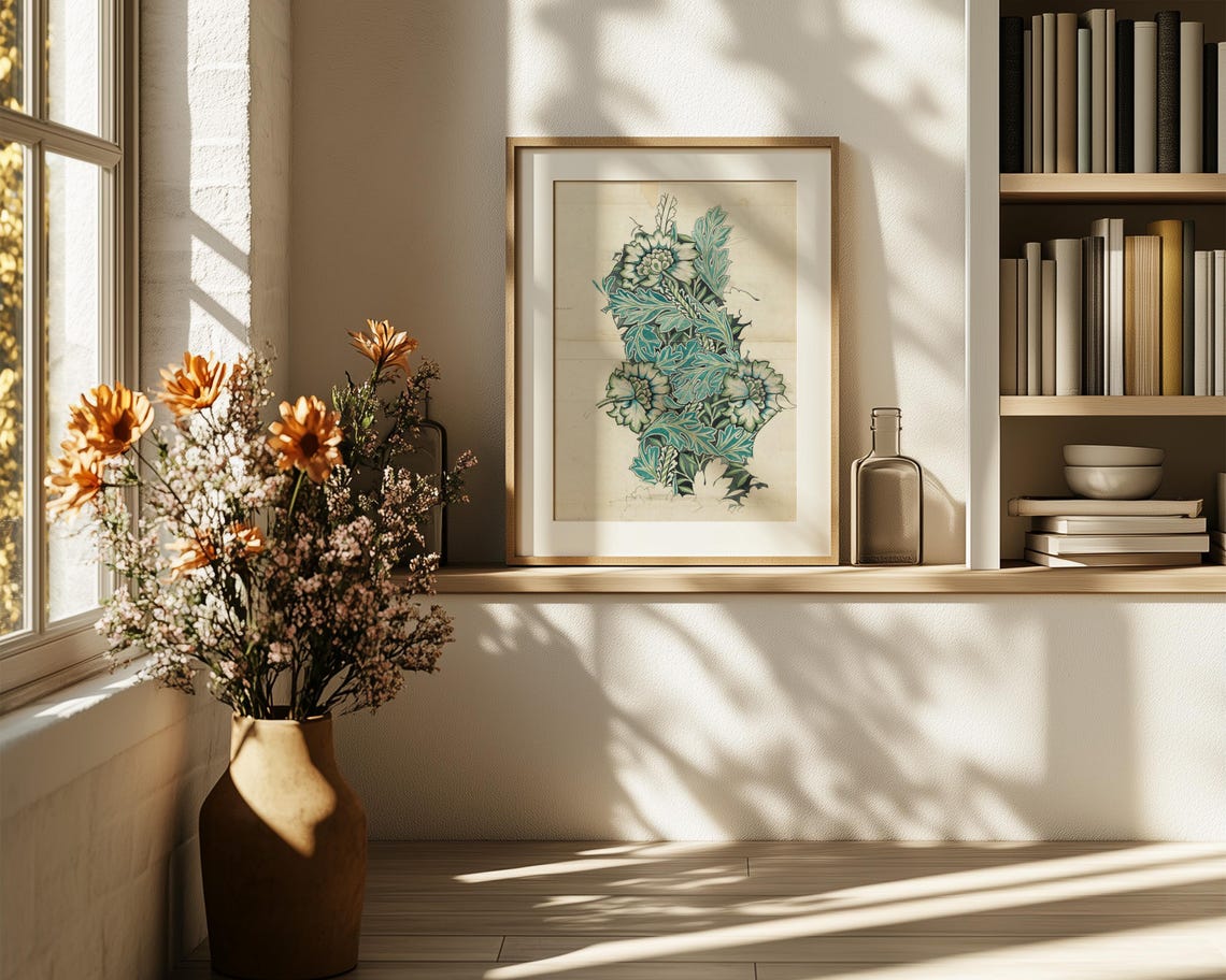 Teal Green Floral Column Design Study Morris Style Art Poster - Image 6