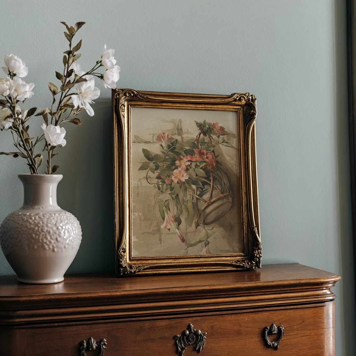 Pink Trumpet Blossoms Spilling from Woven Basket Still Life Poster - Image 2