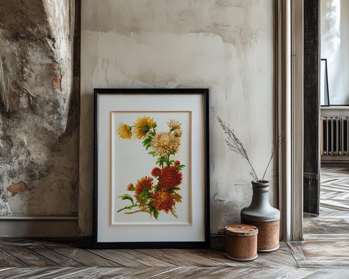 Golden and Crimson Chrysanthemum Stems Vintage Botanical Poster - Image 3