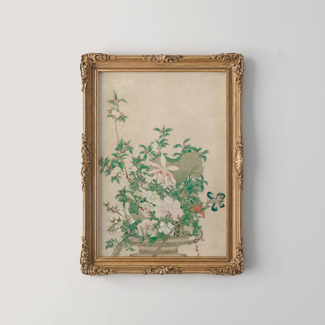 Chinese Flower Basket Painting White Blossoms Lotus Leaf Poster