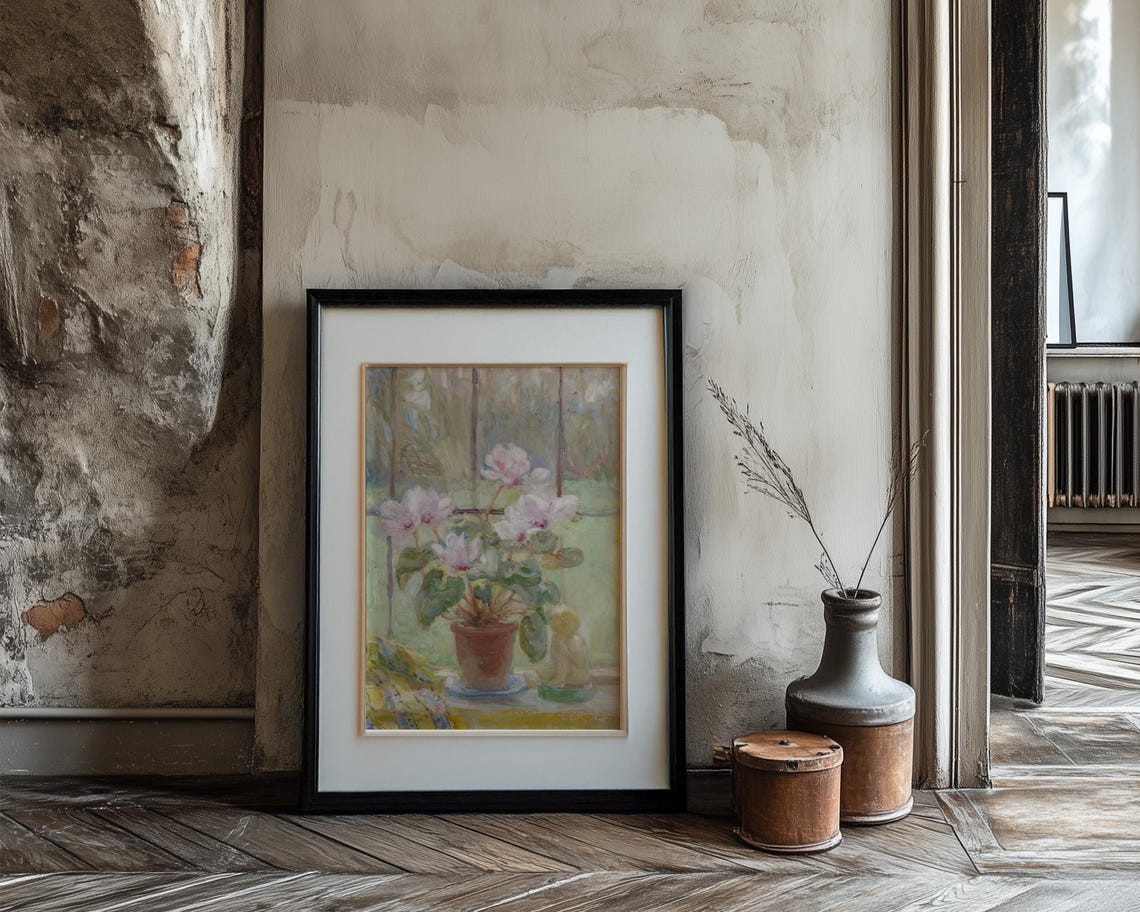 Pink Cyclamen Pot on Windowsill in Soft Watercolor Art Poster - Image 3