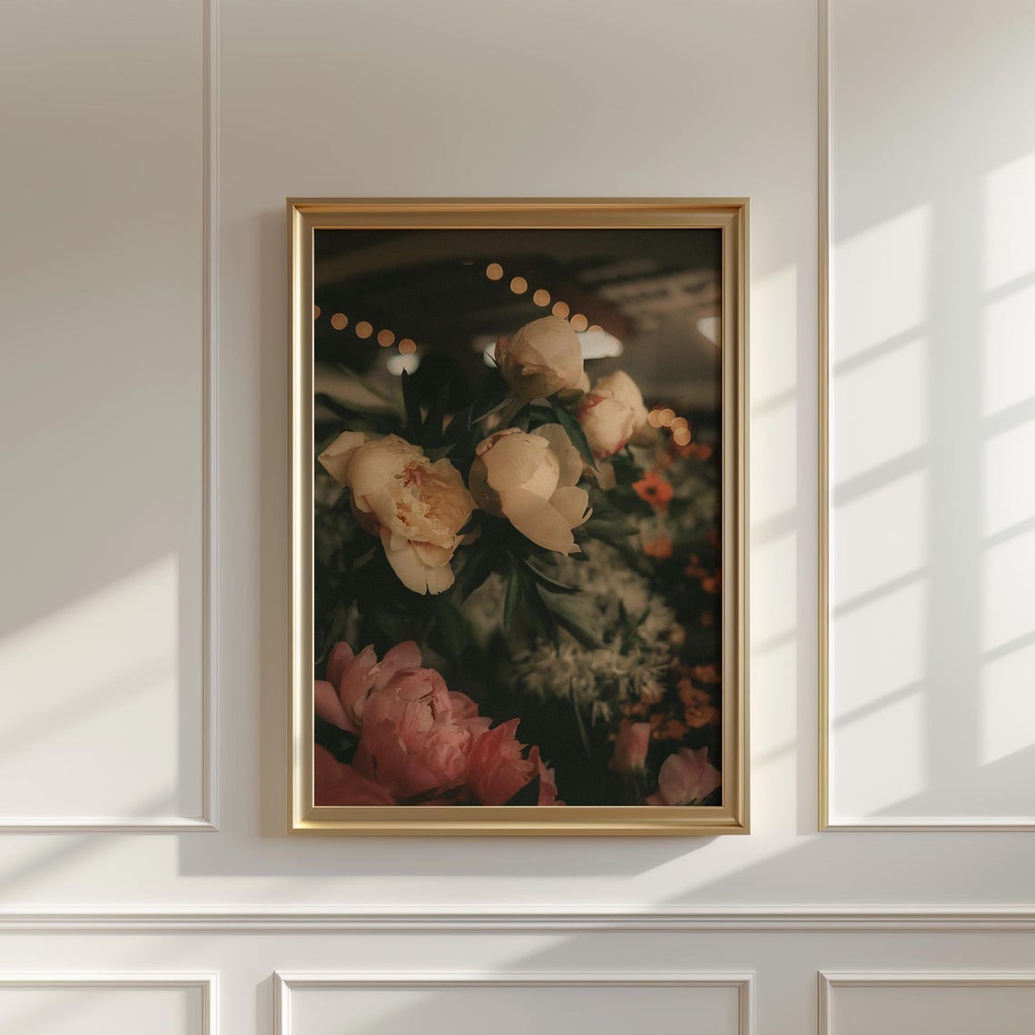 Cream And Pink Peonies With Evening Lights Moody Photograph Print - Image 5