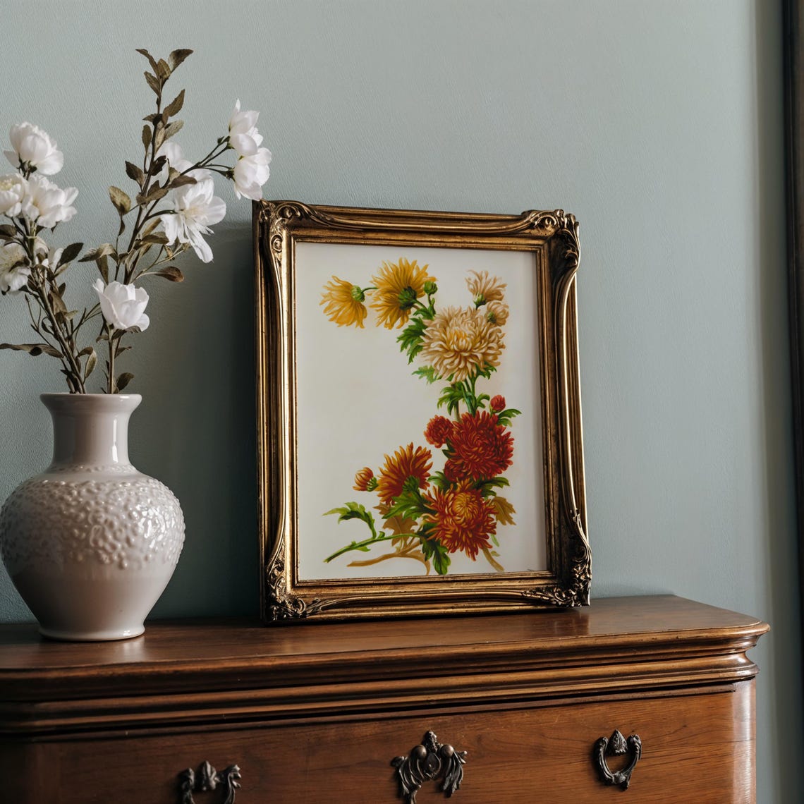 Golden and Crimson Chrysanthemum Stems Vintage Botanical Poster - Image 2