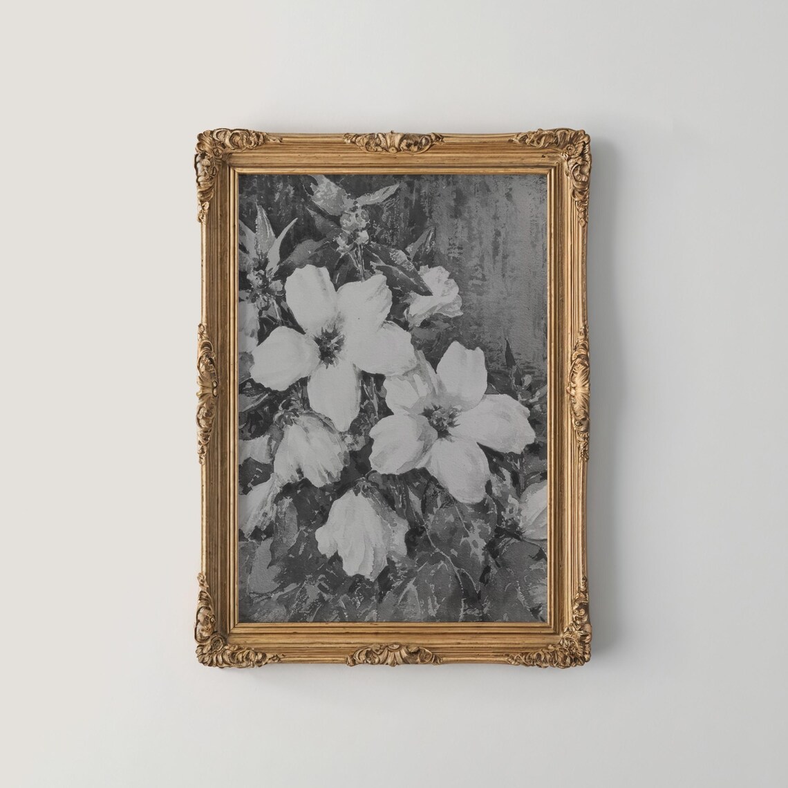 White Poppy Blooms Monochrome Vintage Floral Painting Poster