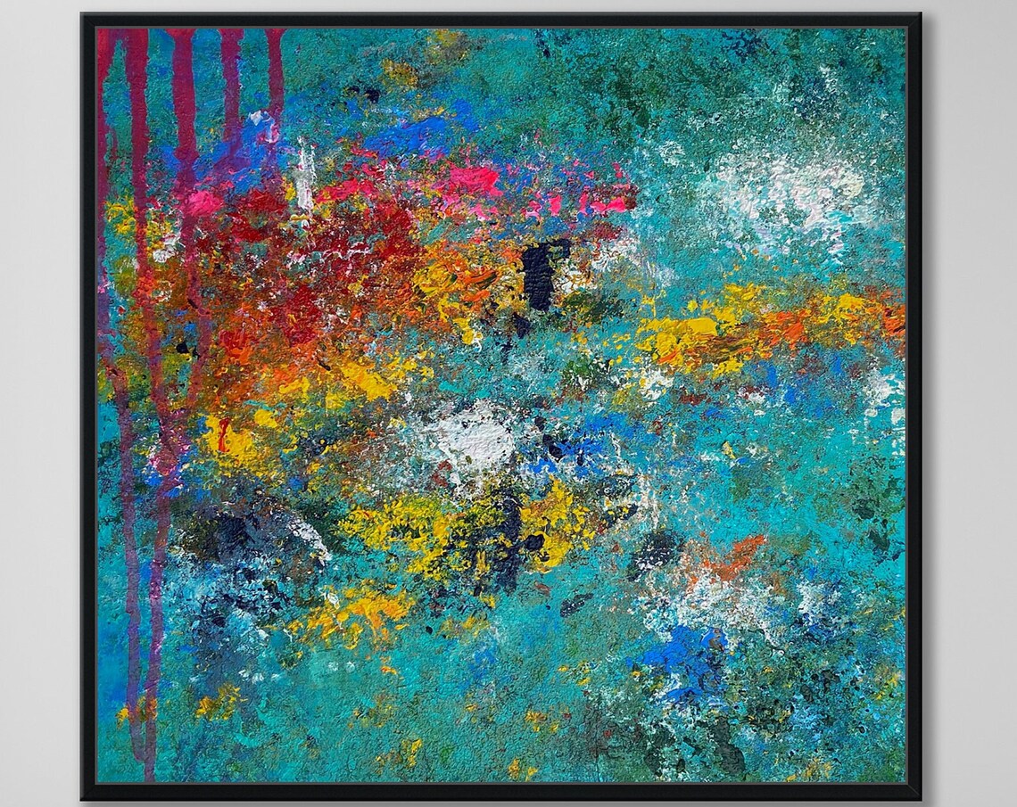 Teal Abstract Colorful Splatter Pink Yellow Orange Art Wall Print - Image 3