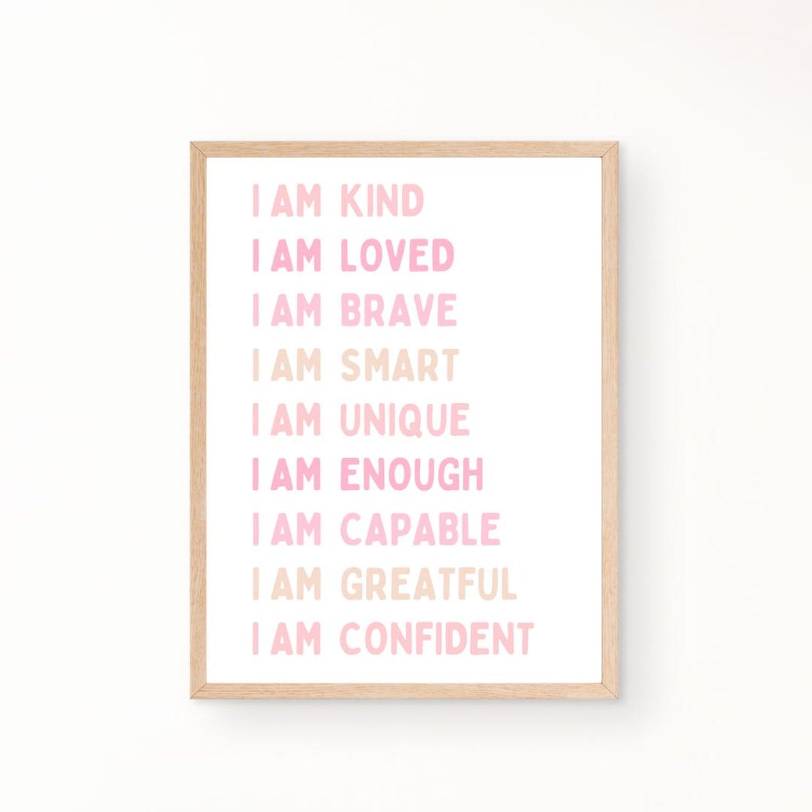 Kids I Am Affirmations Poster in Pink for Girls Room and Nursery Decor