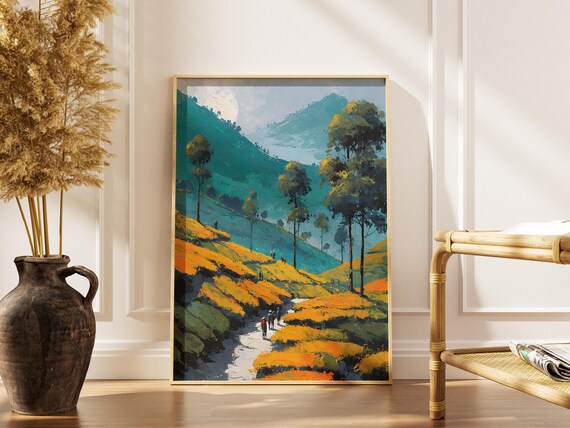 Rolling Tea Plantation Hills Painting With Golden Terraces Poster