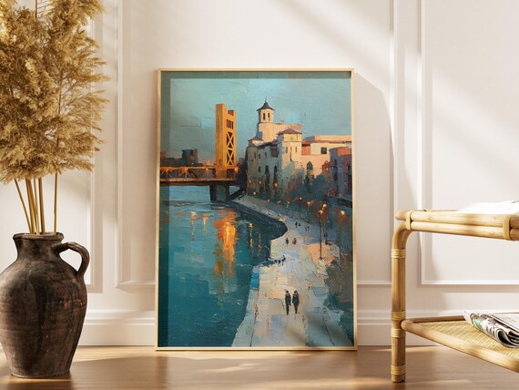 Sacramento Tower Bridge Art Print Cityscape Painting Old River Walk Decor Travel