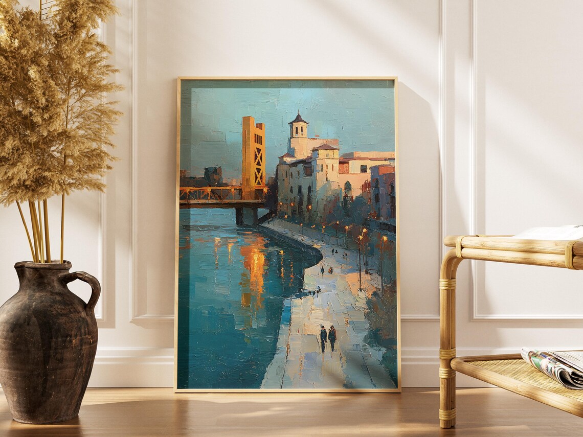 Sacramento Tower Bridge Art Print Cityscape Painting Old River Walk Decor Travel