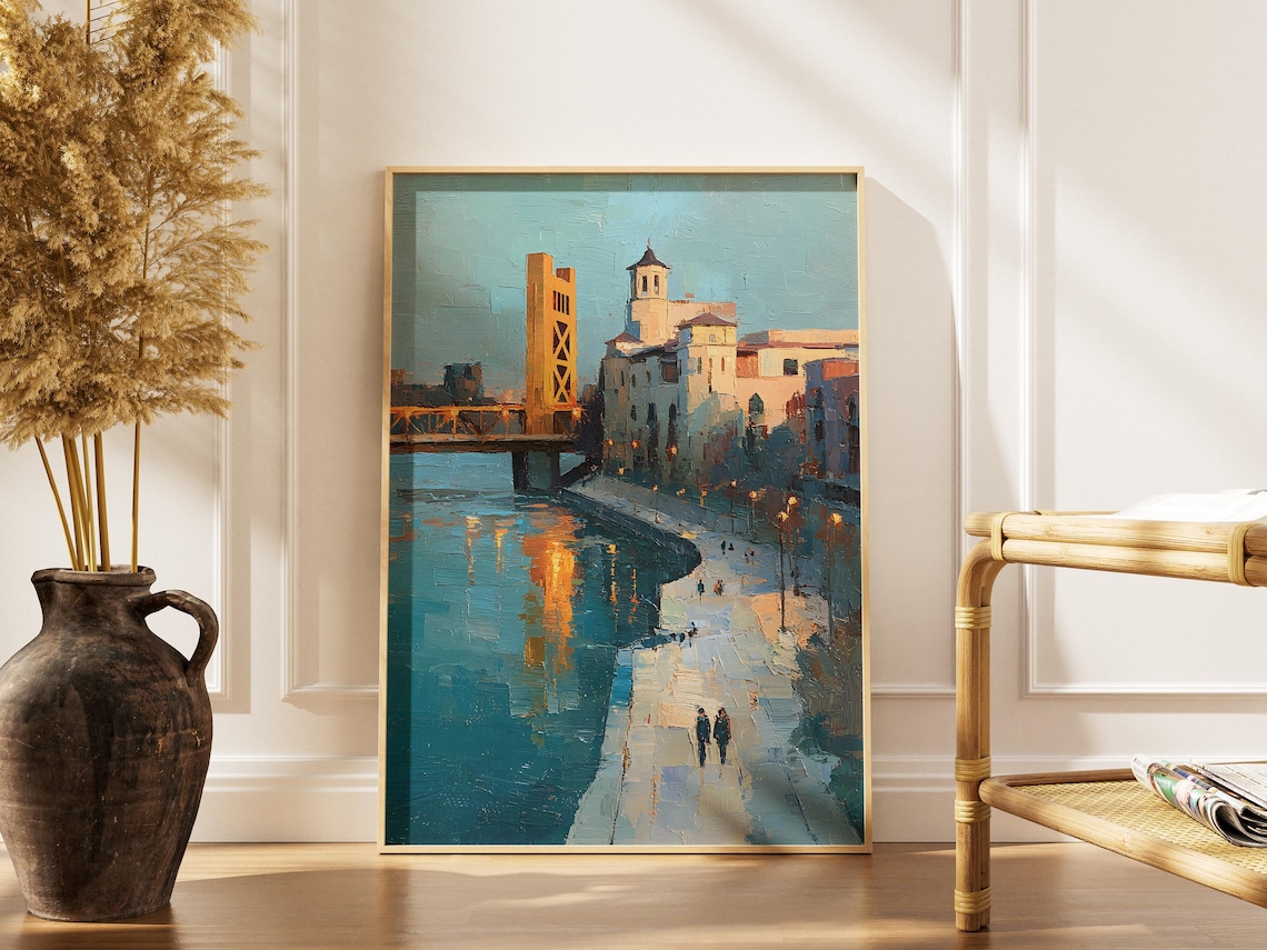Sacramento Tower Bridge Riverfront Dusk Oil Painting Art Print