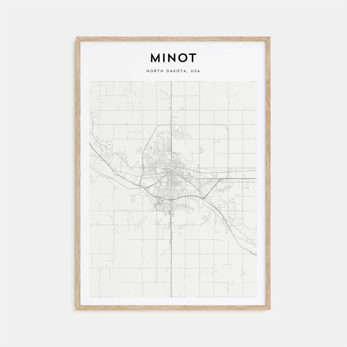 Minot North Dakota USA Minimalist Light Gray Prairie City Map Poster