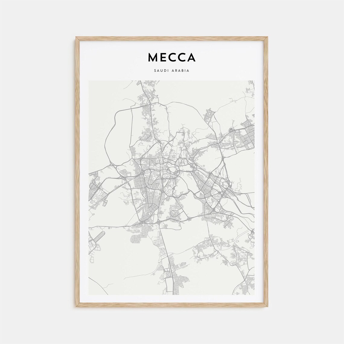 Mecca Saudi Arabia Minimalist Monochrome Street Map Art Poster