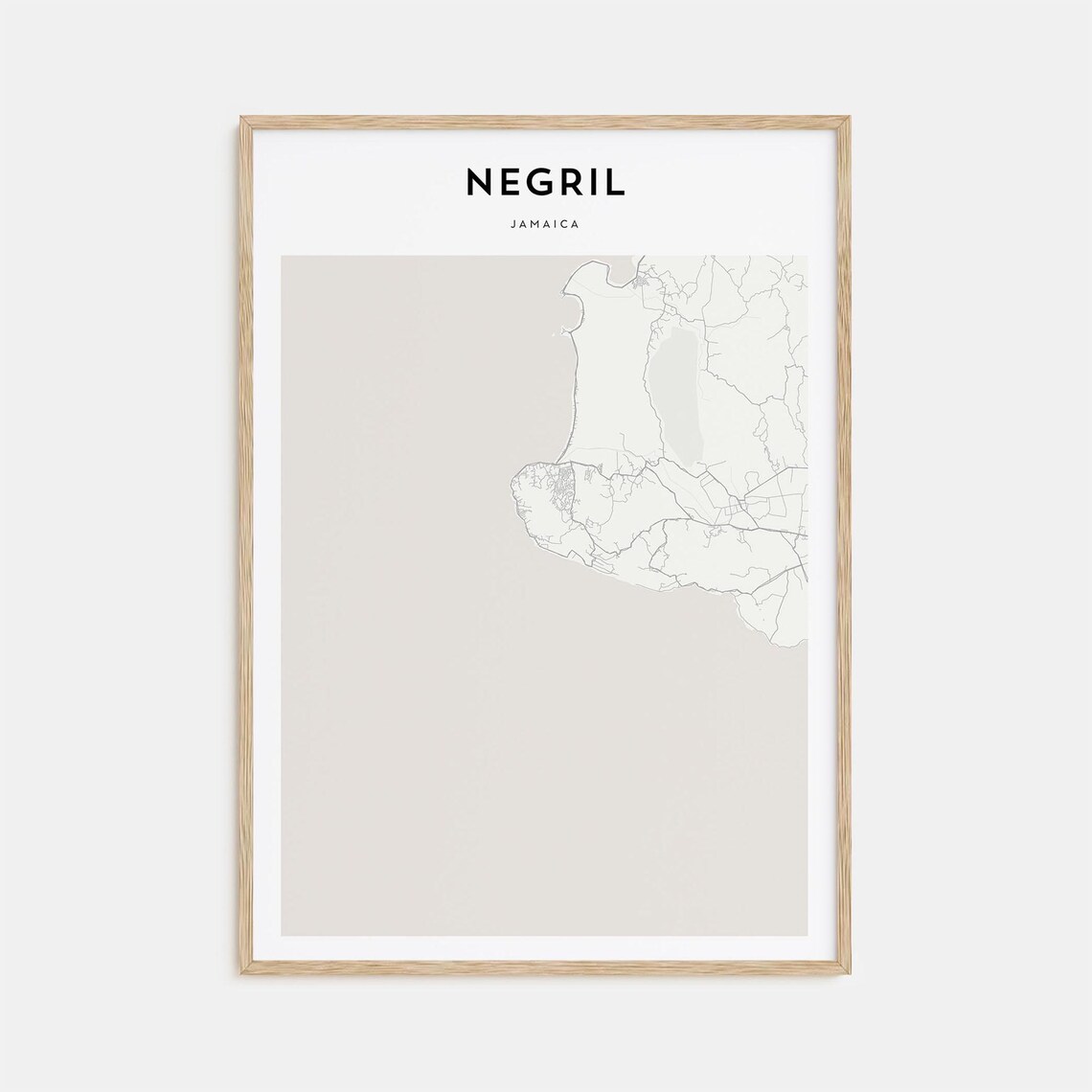 Minimalist Negril Jamaica Coastal Street Map Poster in Beige Tones