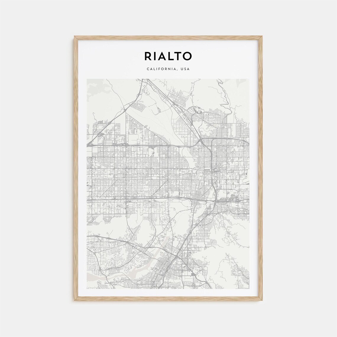 Rialto California USA Minimal City Street Map Black White Art Poster