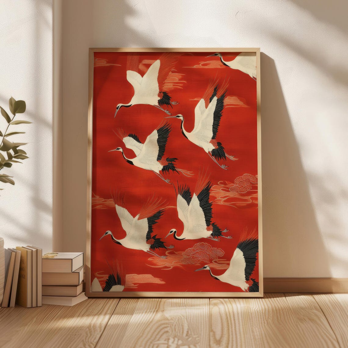 Japanese Red Cranes in Flight on Crimson Background Art Poster
