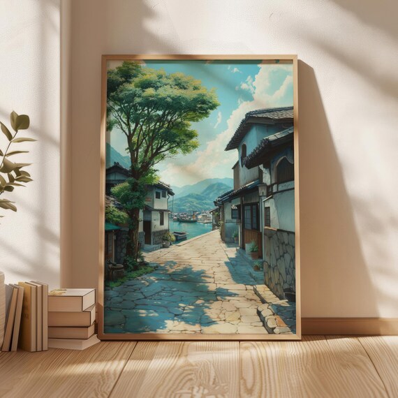 Japanese Coastal Village Anime Style Seaside Town Art Poster