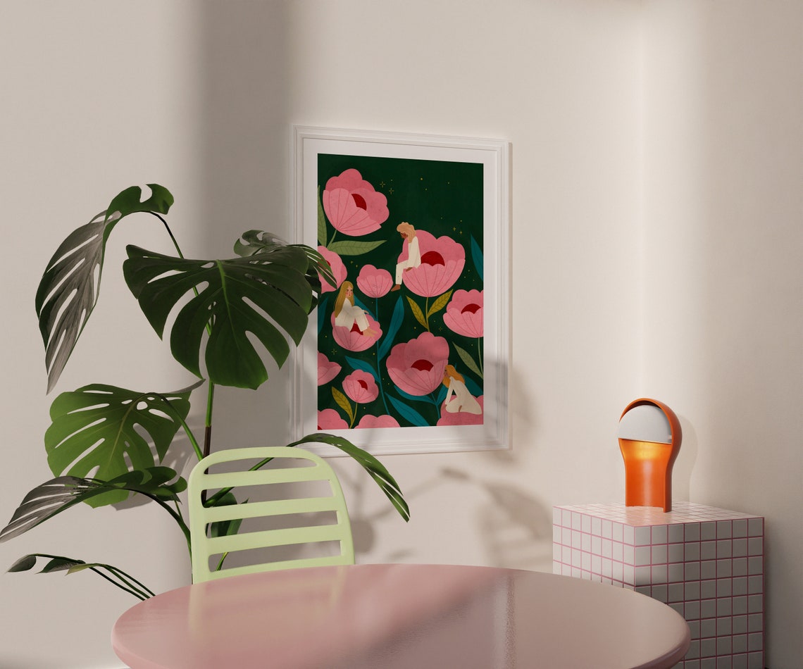 Women Resting Inside Giant Pink Flowers Whimsical Floral Poster - Image 3