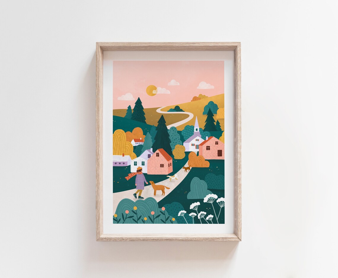 Country Stroll Illustrated Art Print, Autumn Landscape