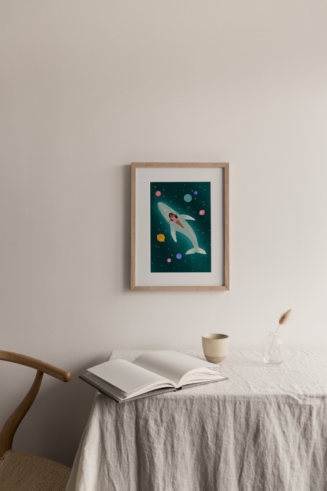Girl Riding Whale Through Space Celestial Planets Illustration Poster - Image 3