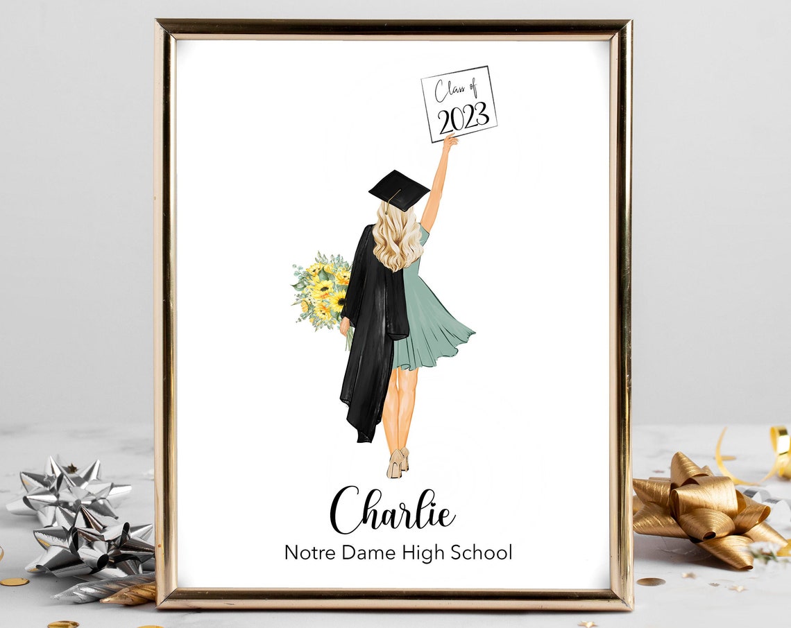 Personalized Female Graduate Cap and Gown Sunflower Class of 2023 Poster