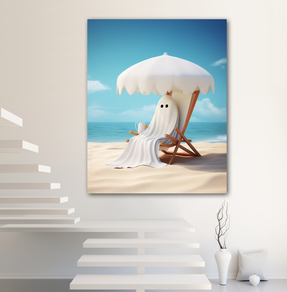 Cute Ghost Relaxing on Beach Chair Under Umbrella Coastal Wall Poster