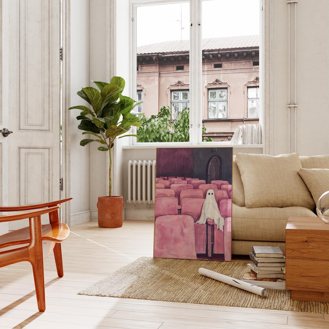 Cute Ghost in Pink Theatre Seats Pastel Halloween Art Poster - Image 2
