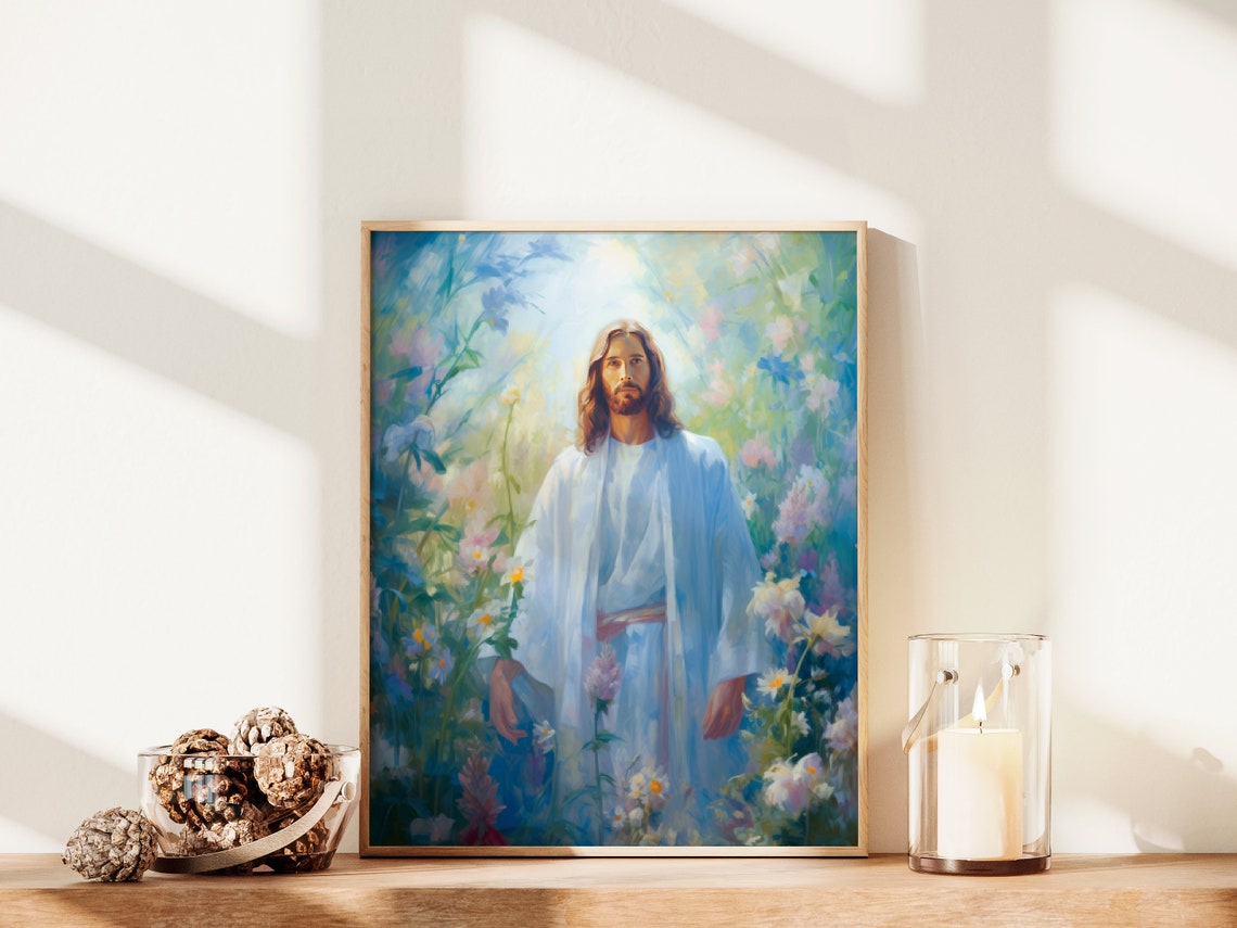Floral Jesus Painting Jesus Walking In Garden Painting Christian Art Christian Prayer Wall Art Catholic Gifts P424 - Image 2